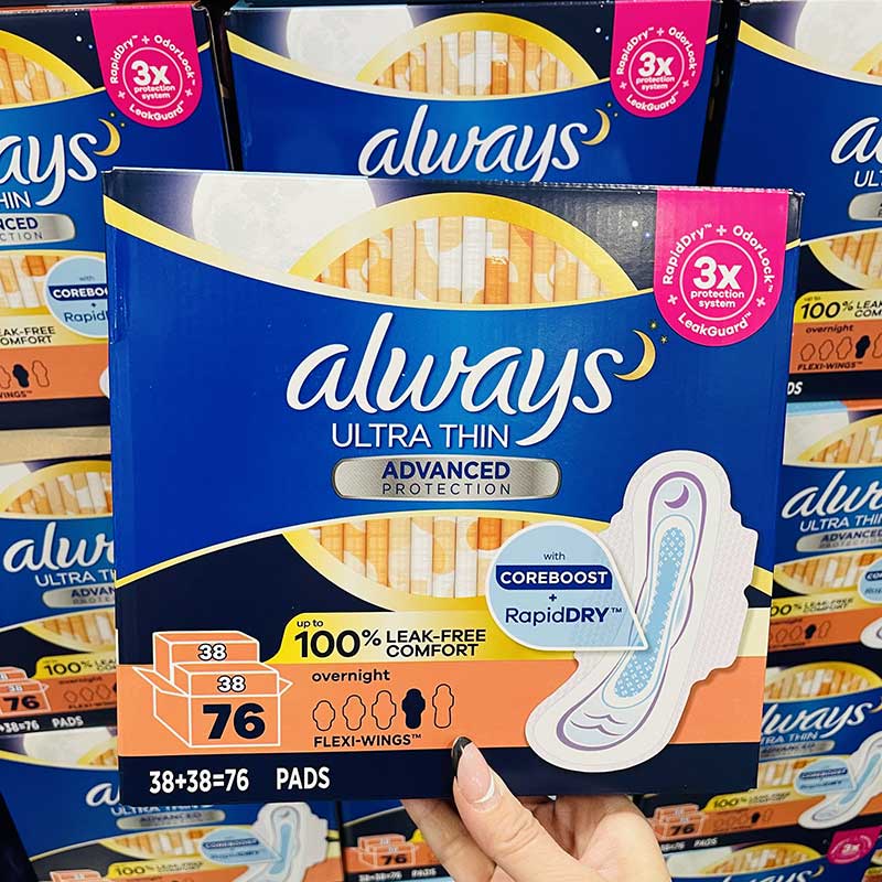 Băng vệ sinh Always Ultra Thin 3X Advanced Protection Overnight With Wings, 76 miếng