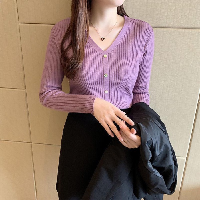 Áo len ZHELIHANGFEI tay dài cổ chữ V dáng ôm quyến rũ trẻ trung