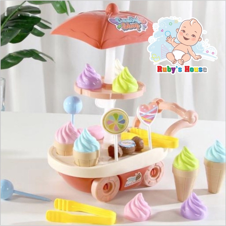 Đồ chơi xe đẩy bán kem 2 tầng, đồ chơi xe kem cho các bé vui chơi