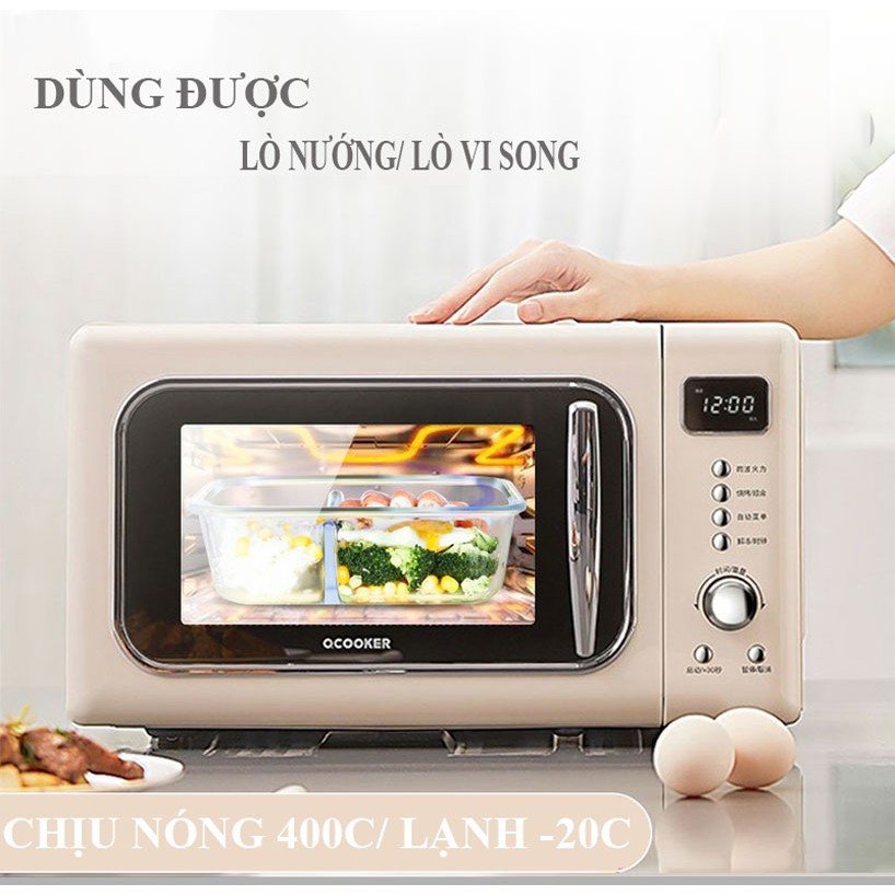 Hộp cơm văn phòng chia ngăn bằng thủy tinh chống tràn giữ nhiệt dùng được lò vi sóng mang được canh đi làm