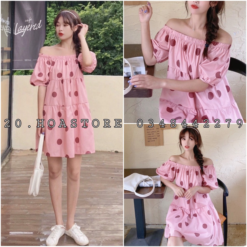 VÁY CHẤM BI TO HỒNG BABY MẶC 2 KIỂU - ĐẦM THÔ ĐŨI TRỄ VAI MÀU HỒNG - VÁY CỔ VUÔNG BABYDOLL CHẤM BI HỒNG