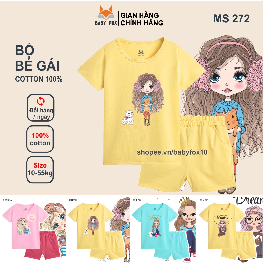Bộ thun bé gái 100% cotton loại tốt, thương hiệu BABY FOX, in hình bé gái, size nhỏ, trung, đại b