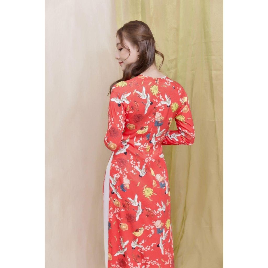 Áo dài truyền thống nữ màu đỏ chim hạc vải gấm in cổ tròn có nhiều size | WebRaoVat - webraovat.net.vn
