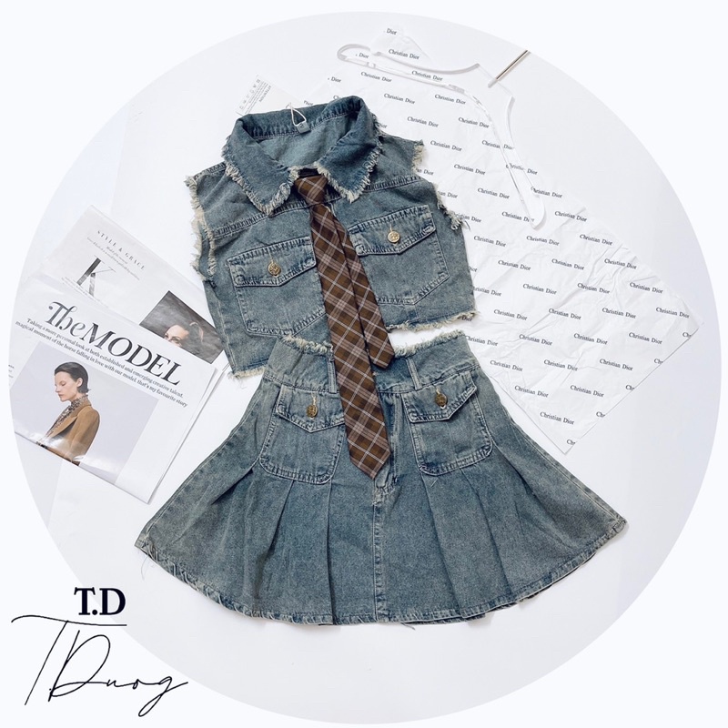 Set áo sơ mi croptop + chân váy jean xoè hàng QCL1