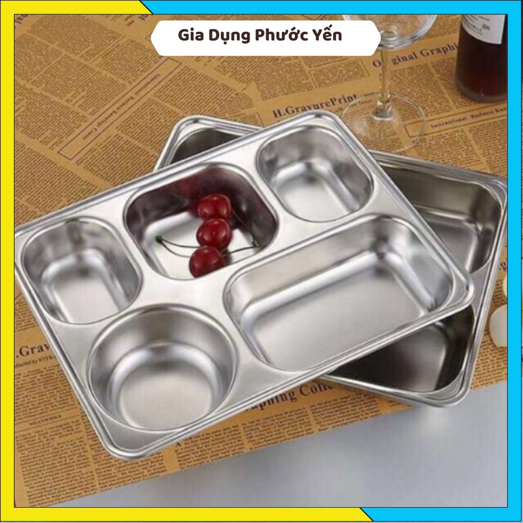Khay cơm phần 5 ngăn inox sâu có nắp