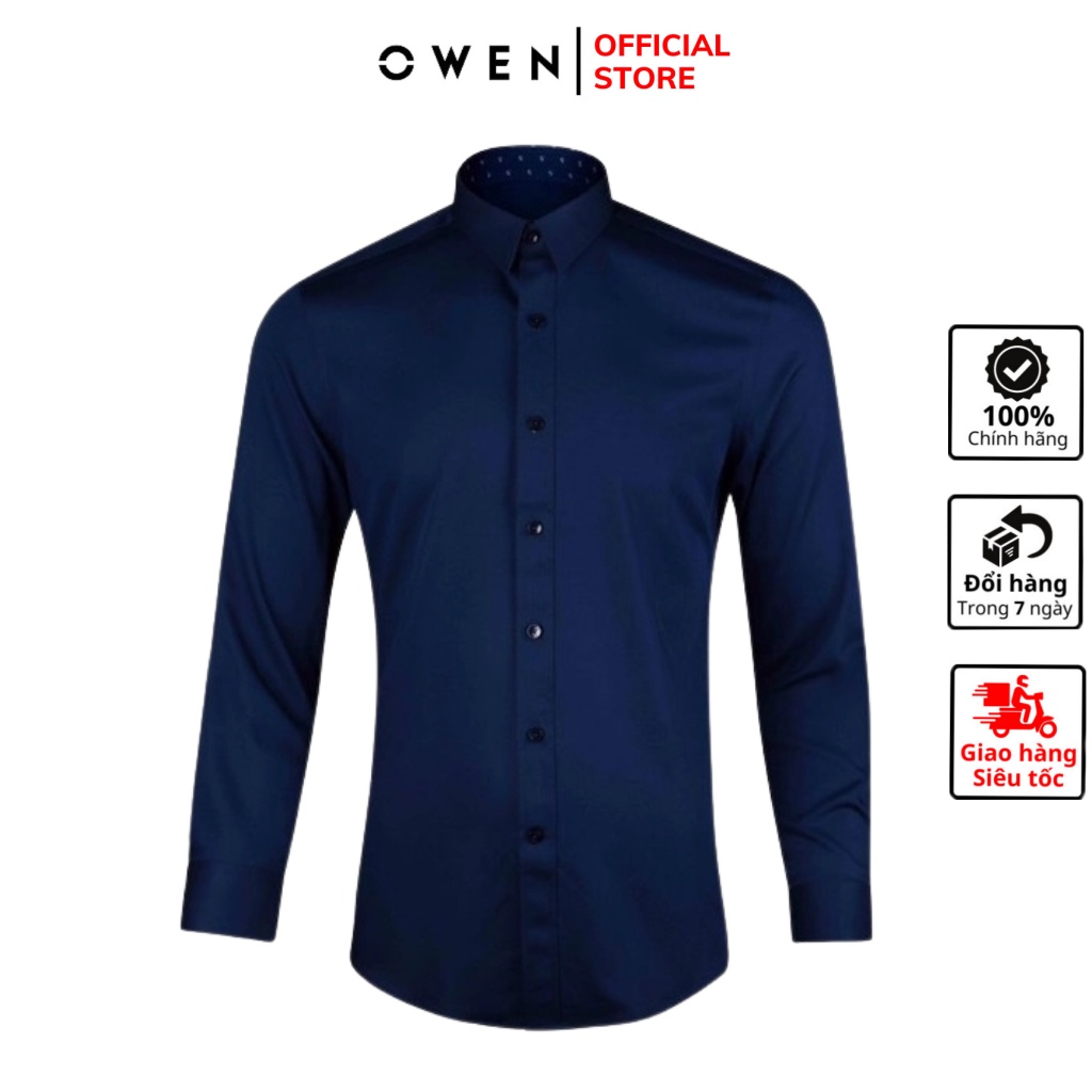 Áo sơ mi nam dài tay OWEN AR80777D somi công sở vải sợi tre cấp màu xanh navy trơn dáng suông tà lượn không túi