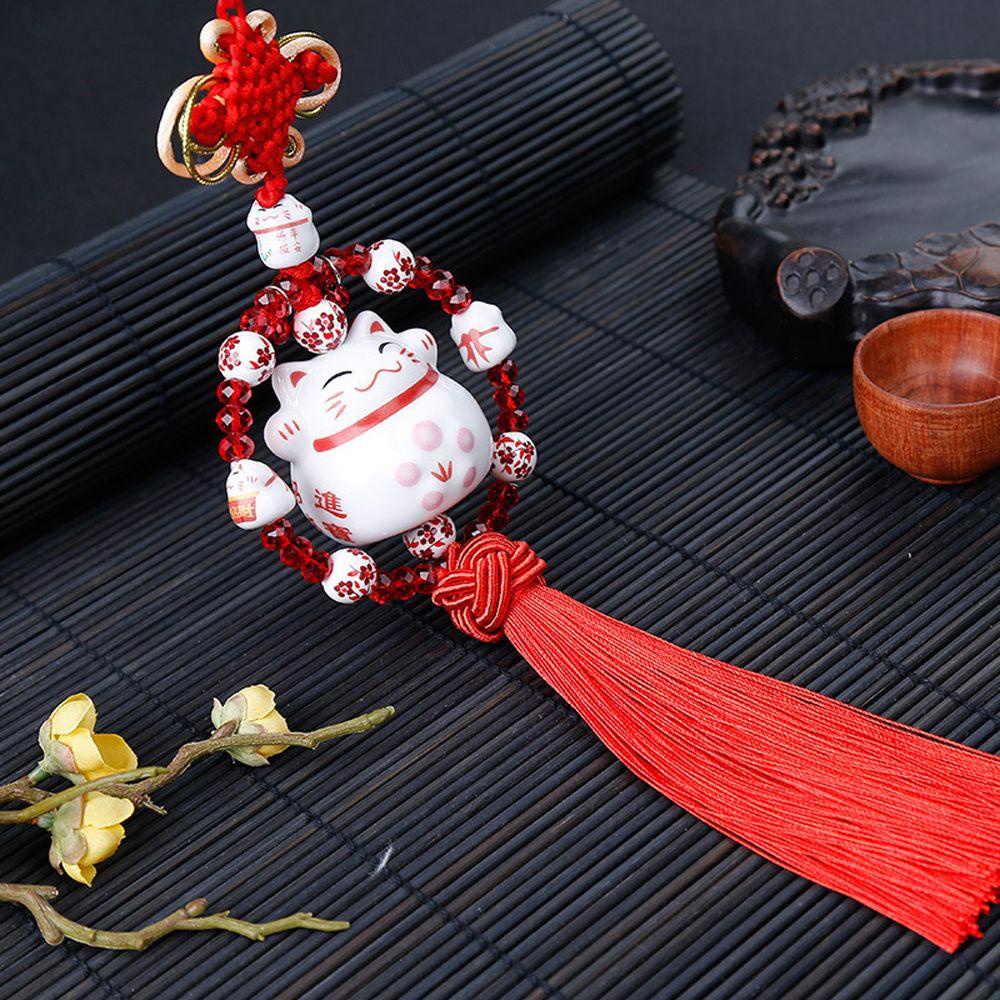1 Mặt Dây Chuyền Bằng Gốm Hình Mèo May Mắn Hoạt Hình Phong Cách Trung Hoa