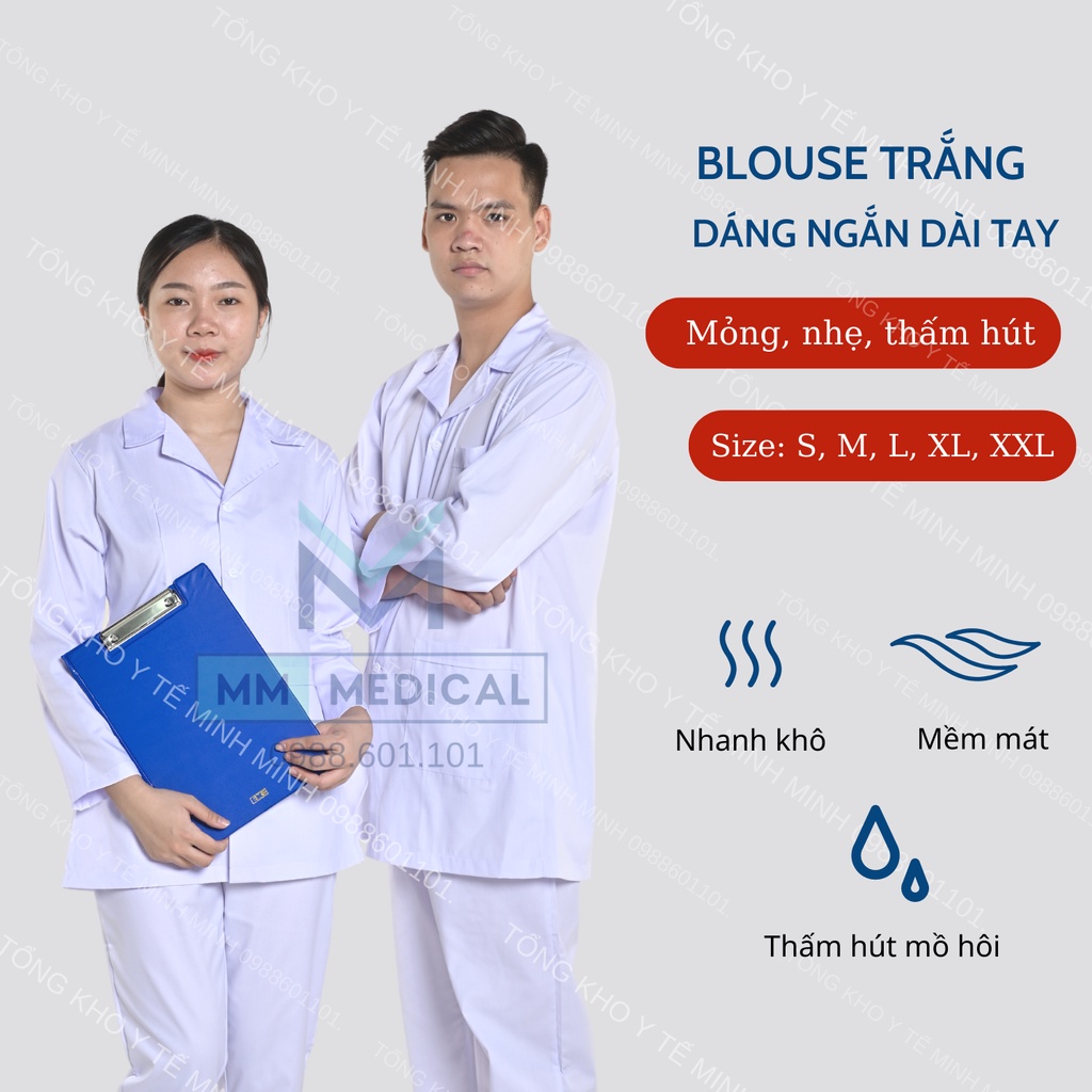 Set bộ DÀI TAY nam nữ quần áo y tế, áo blouse dáng ngắn chùm mông cho y tá, điều dưỡng, dược sĩ, kĩ thuật viên