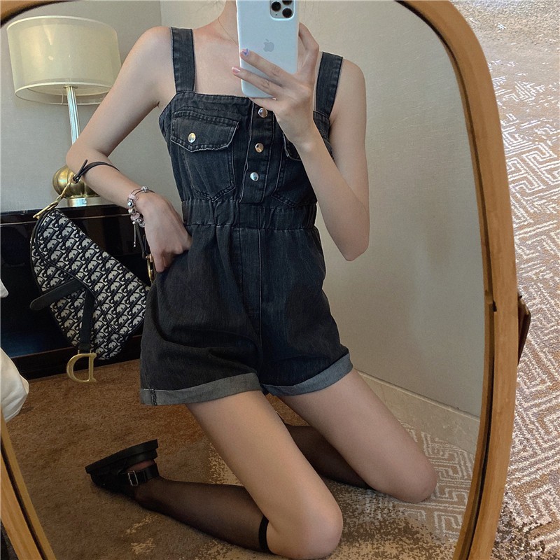 Jumpsuit jeans áo 2 dây dính liên thân quần short ngắn ulzzang ( 2 màu )