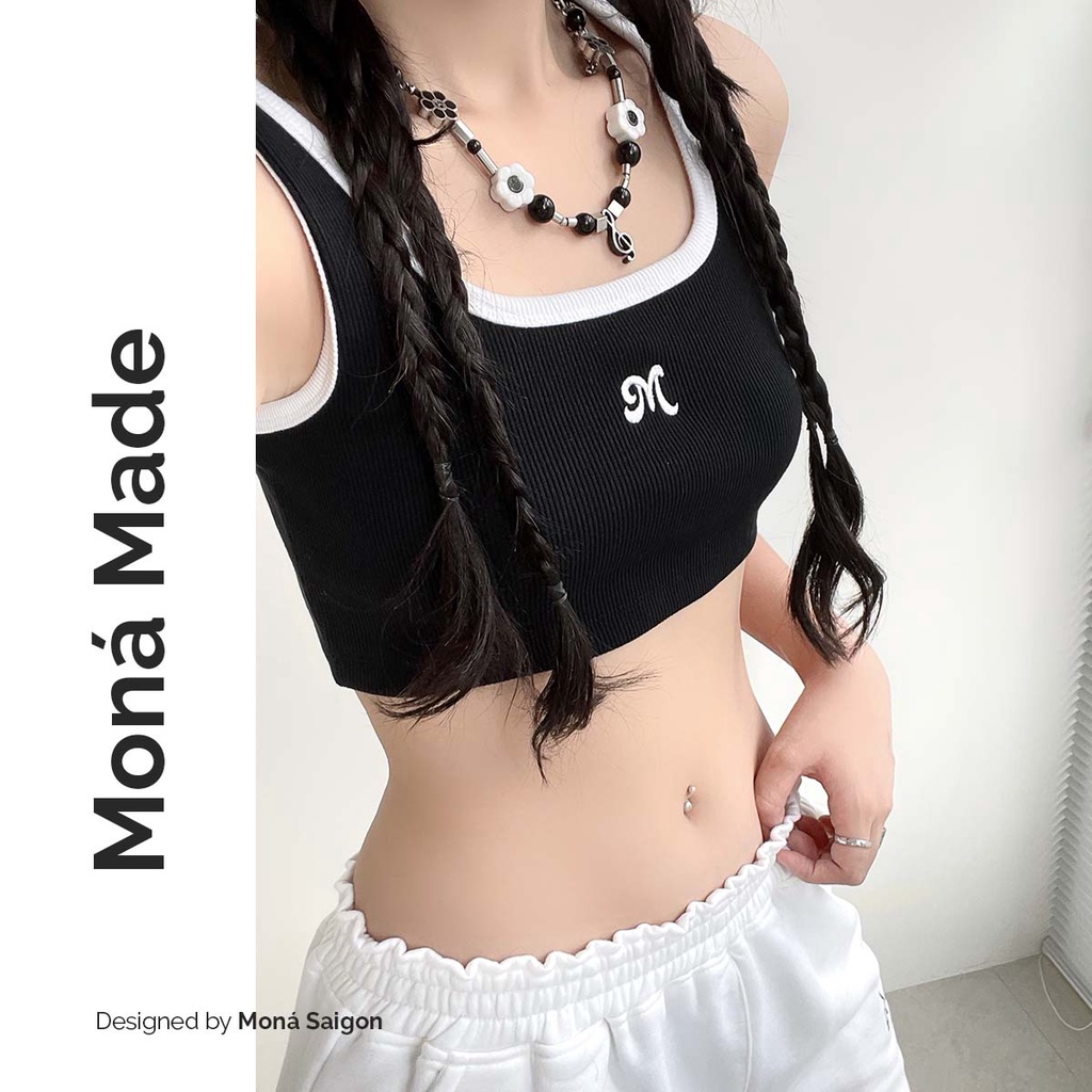 MONÁ - Áo croptop thun gân co giãn - KABI CROPTOP ĐEN/HỒNG