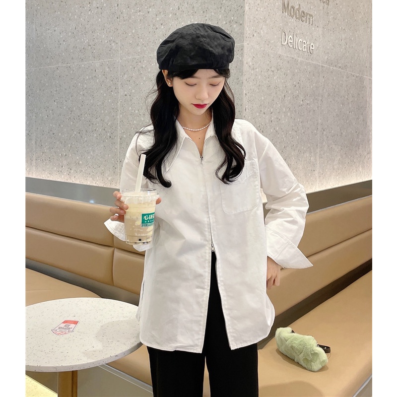 Áo Sơ Mi Tay Dài Màu Trơn Dáng Rộng Phong Cách Hàn Quốc Thời Trang Cho Nữ