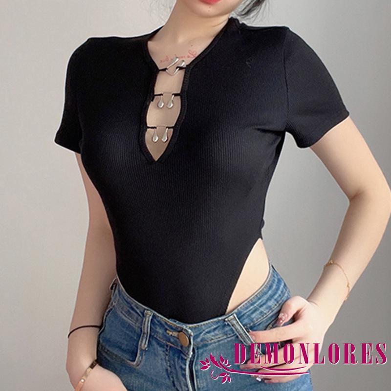 DEMQ-Women´s Summer Knitted Bodysuit Black Short Sleeve Round Neck Front Crochet Buckle Playsuit | BigBuy360 - bigbuy360.vn