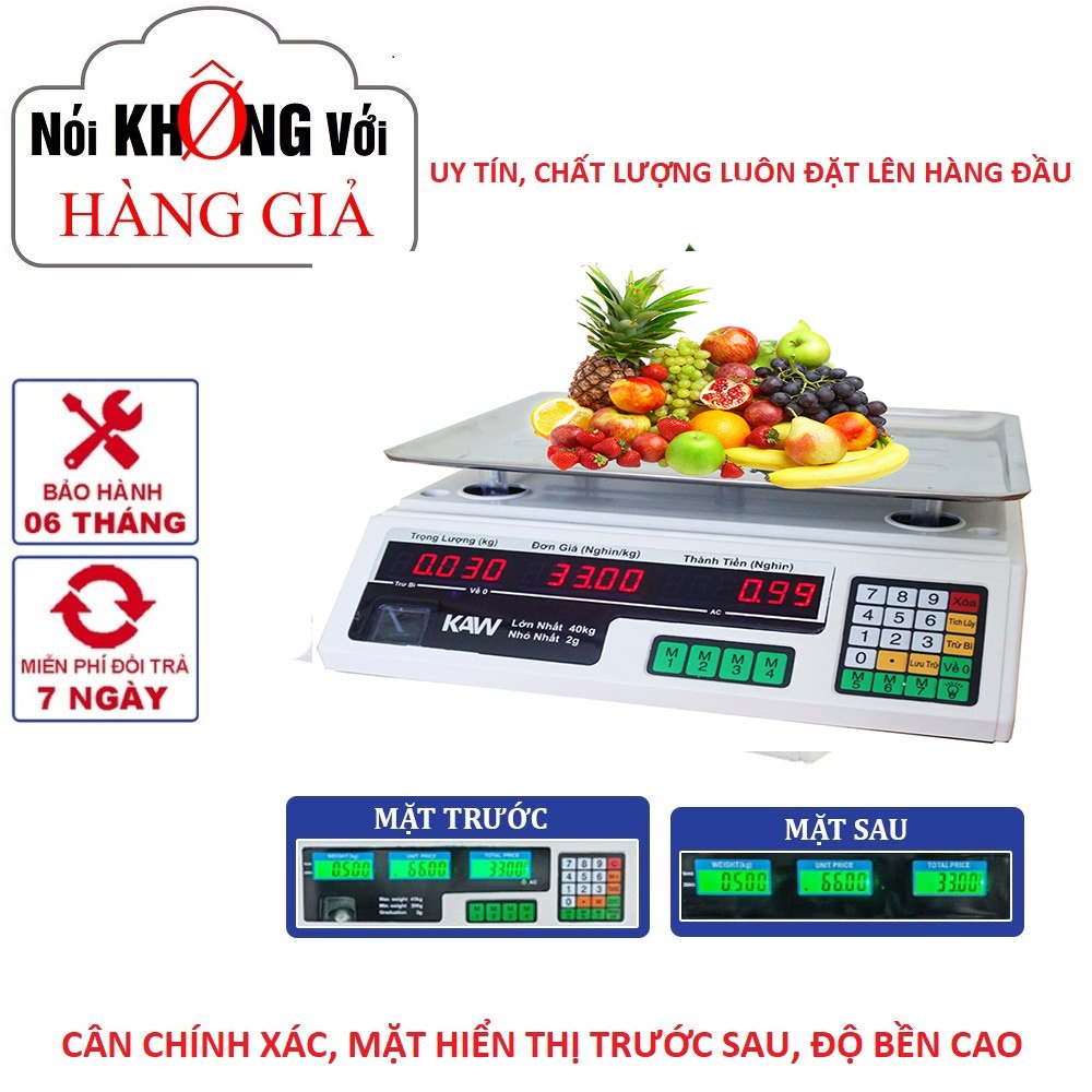 Cân điện tử tính tiền 2 mặt loại 40Kg Hàn Quốc - Dễ sử dụng, tính tiền chính xác CHỐNG NƯỚC - 100% TIẾNG VIỆT- Bảo hành