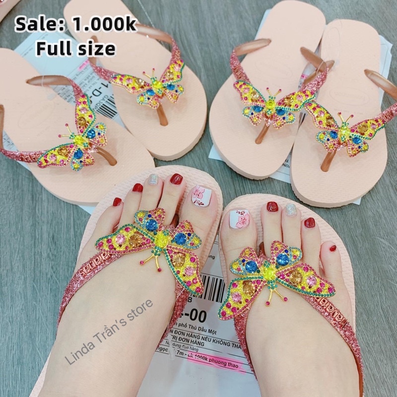 dép HVN kim tuyến hồng 22 mix charm bướm ngọc nữ 7 màu