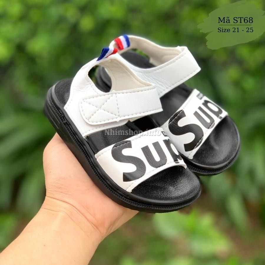 Giày sandal bé trai quai ngang Super trắng da mềm siêu nhẹ dép quai hậu dán tiện dụng cho trẻ em tập đi 1 2 3 tuổi ST68