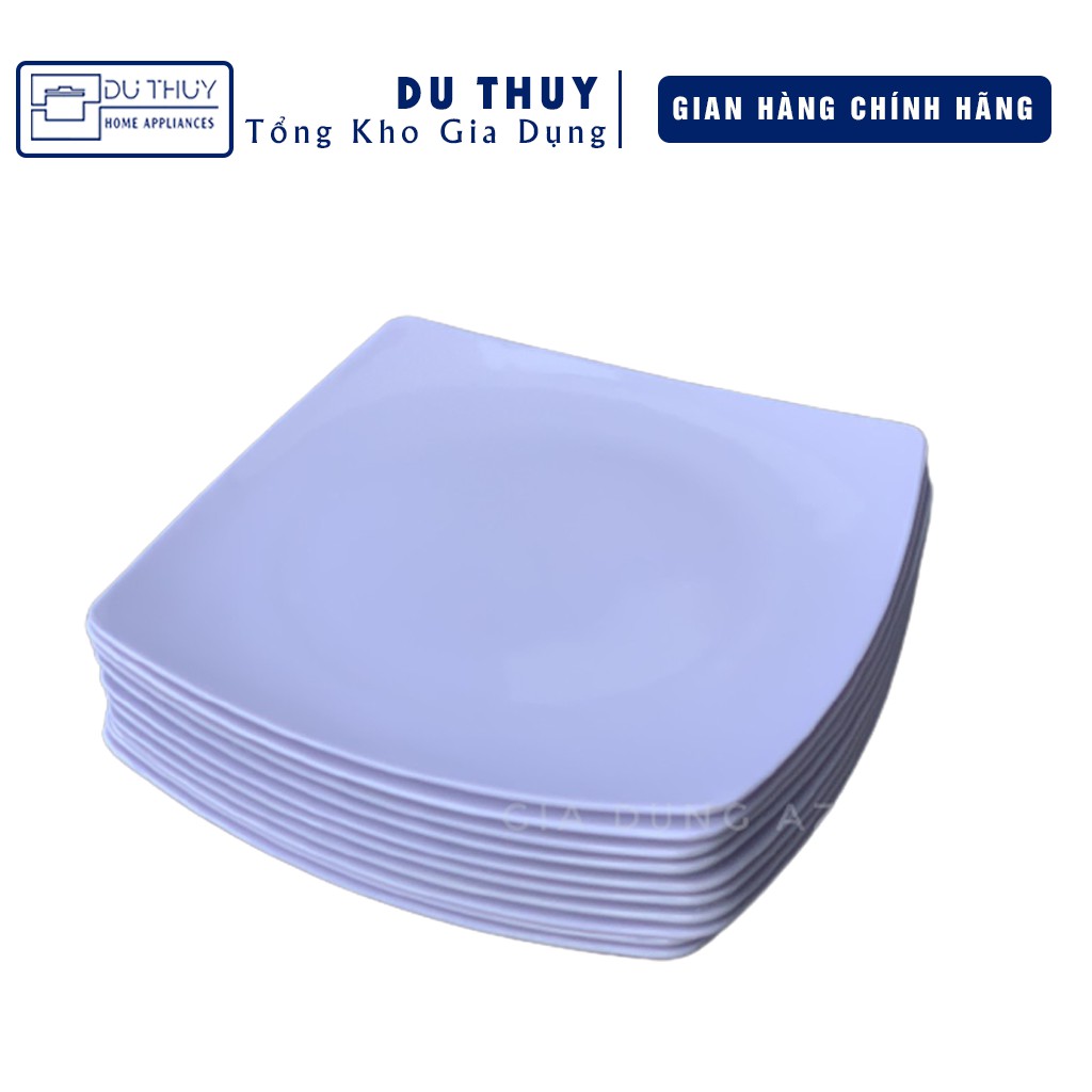 Dĩa nhựa vuông màu trắng, kích thước 27 x 27 x 1.5 cm, nhựa Melamine an toàn sức khỏe, thương hiệu Vĩnh Hòa, Trenz