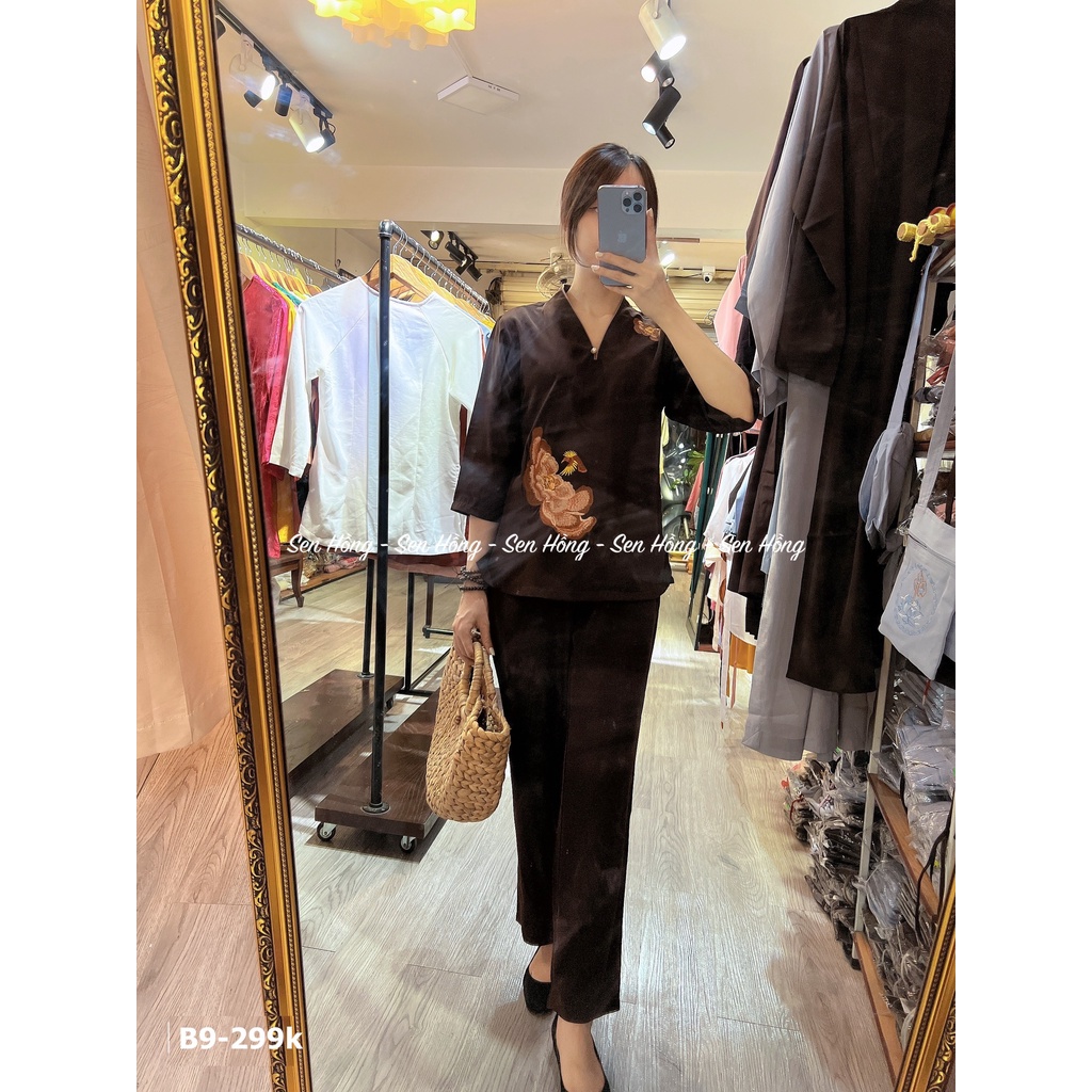 QUẦN ÁO ĐI CHÙA - set Phật tử cổ V thêu hoa thiết kế - đồ áo lam pháp phục nữ vải kate lụa mềm mịn mát B9