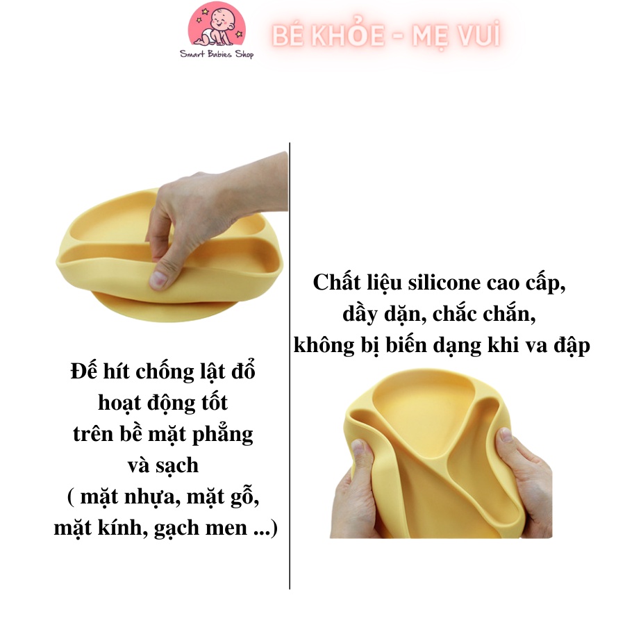 Khay Silicon 3 ngăn có đế hít chân không chống đổ tone màu pastel phong cách Hàn Quốc