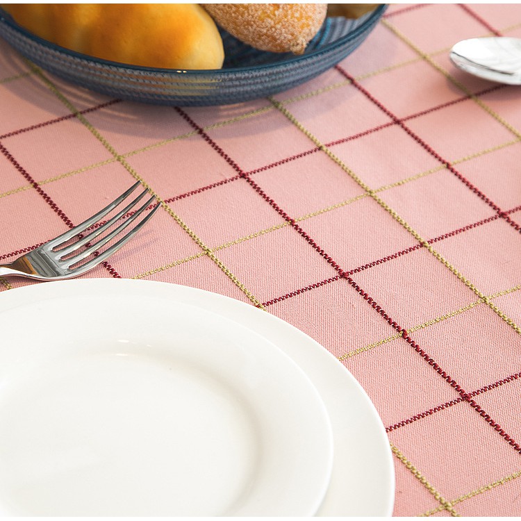 Khăn trải bàn vải bố cao cấp KB002 Pink Xinh Decor sọc kẻ caro hồng đỏ kem khăn trang trí bàn ăn