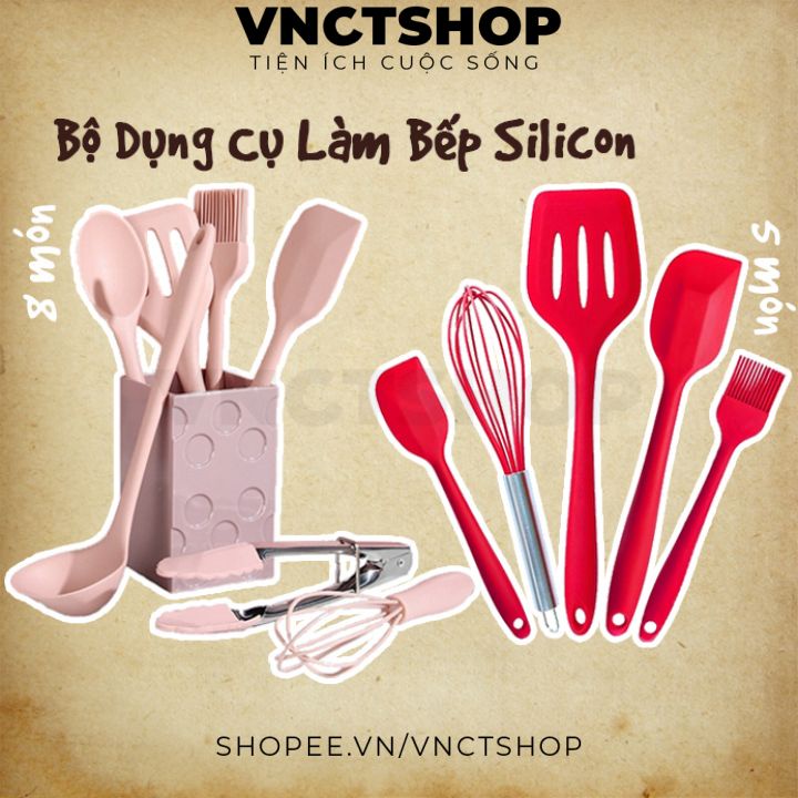 Bộ dụng cụ làm bánh silicon, dụng cụ nhà bếp nấu ăn bằng silicon chịu nhiệt 5 món, 8 món màu hồng