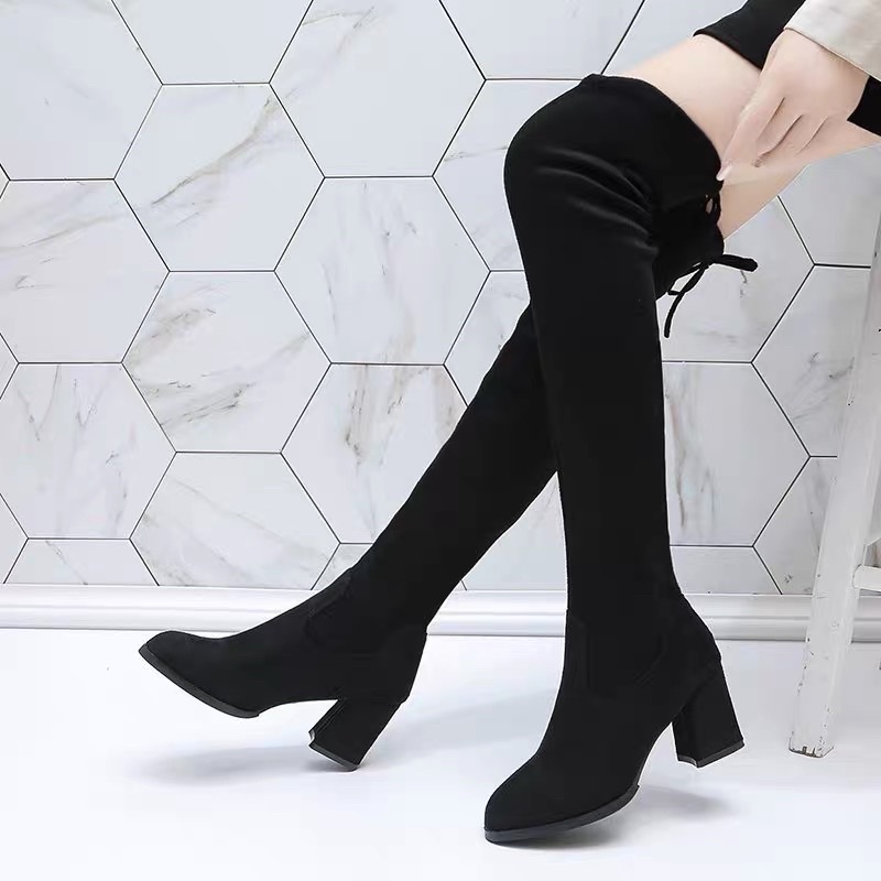 Bốt đùi nữ da lộn lót lông có dây buộc gót vuông cao 6cm