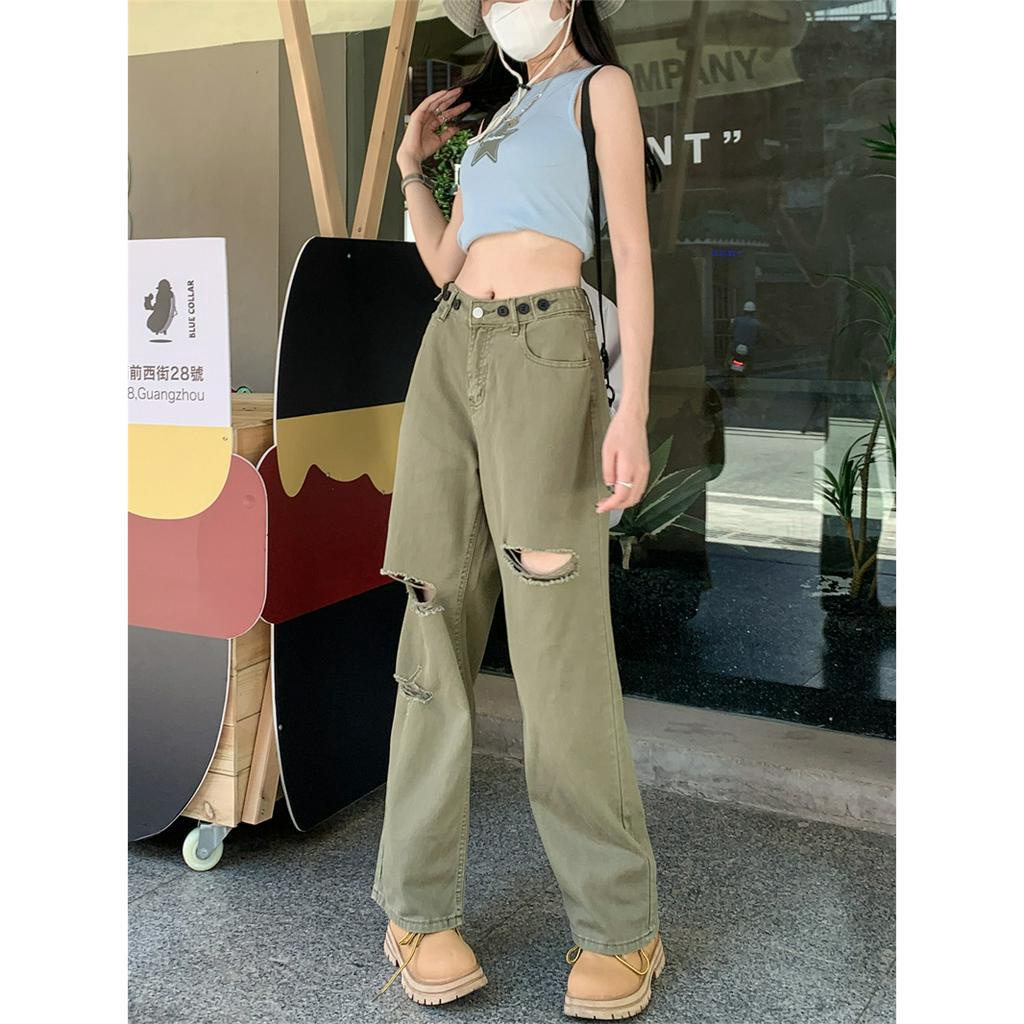 「 WELOVE1 」Quần Jean Dài Dáng Rộng Lưng Cao Phối Rách Kiểu Mỹ Thời Trang Mùa Hè Cho Nữ