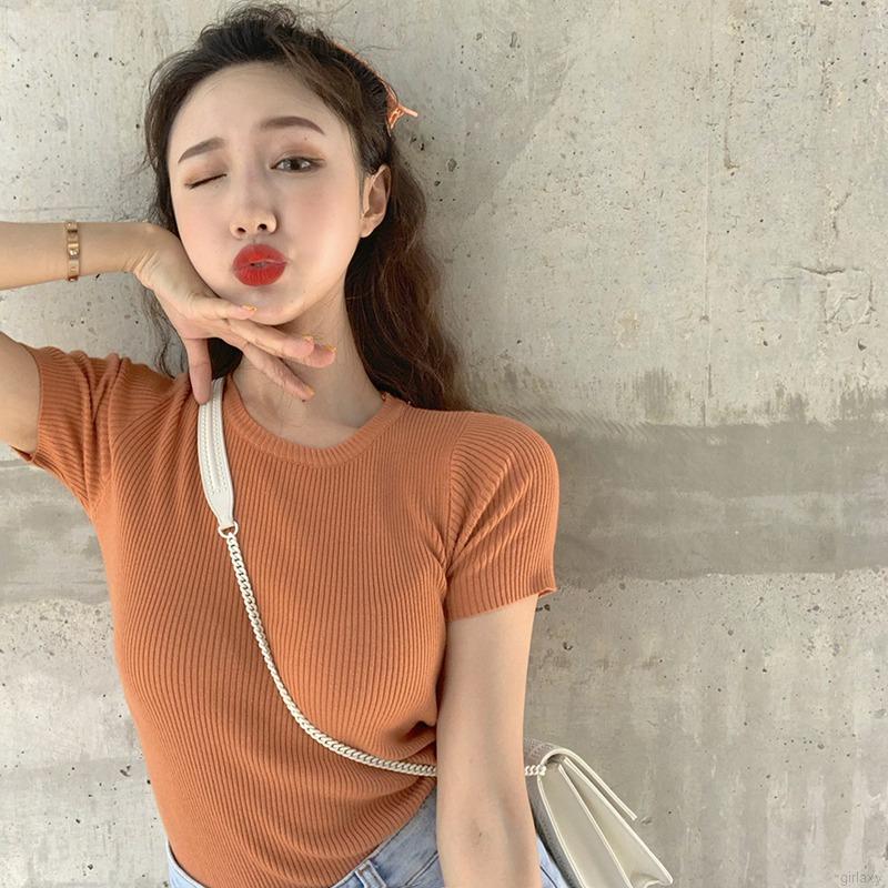 Áo Dệt Kim Tay Ngắn Cổ Tròn Màu Trơn Phong Cách Hàn Quốc Đơn Giản Cho Nữ