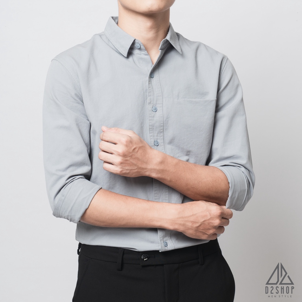 Áo sơ mi nam D2shop, áo sơ mi dài tay nam, vải xéo, túi mổ, màu xanh dương