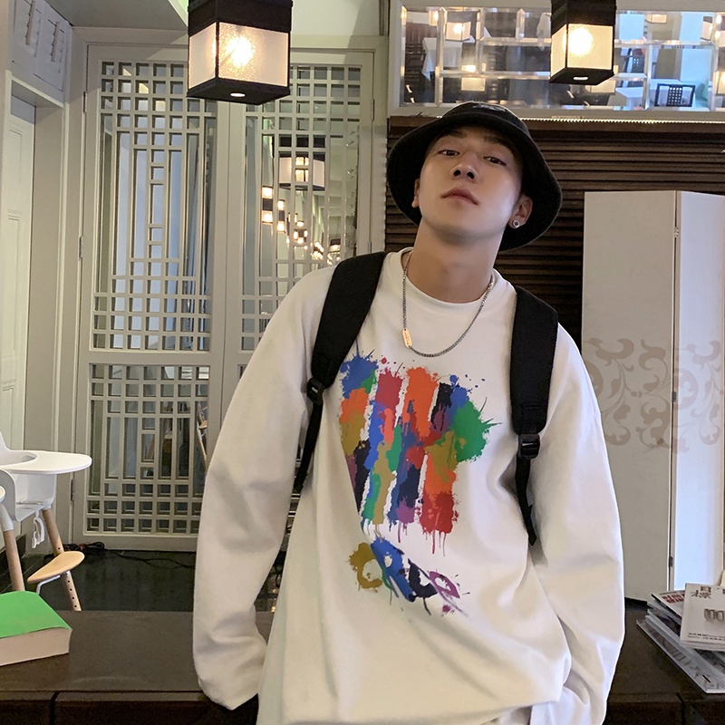 Áo thun tay dài dáng rộng in họa tiết graffiti phong cách đường phố kiểu Hàn năng động cho nam M-5XL