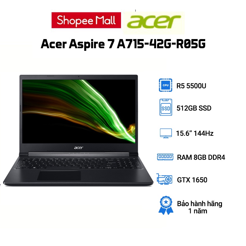 LAPTOP Acer Aspire 7 A715-42G-R05G R5-5500U|8GB|512GB|GTX 1650|15.6' FHD 144Hz|Win11