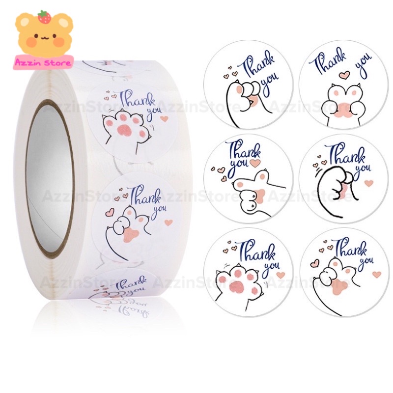 Cuộn 500 Tem Nhãn Dán Sticker Cám Ơn, Miếng Dán Hình Tròn 2.5cm/1 Inch Thank You Tay Mèo Dễ Thương AzzinStore ND053