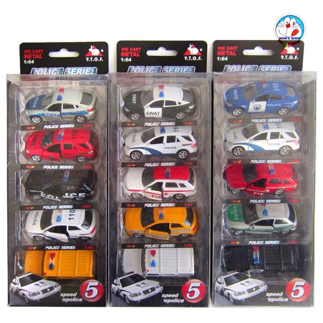 SIÊU HOT: Hộp 5 chiếc ô tô sắt: xe cảnh sát mở cánh tỉ lệ 1:64, chạy bánh đà