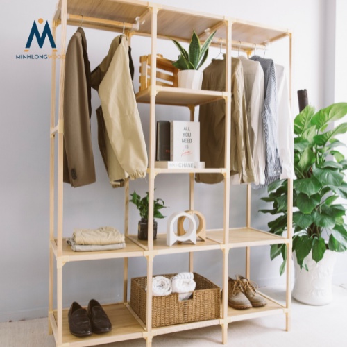 Kệ tủ treo quần áo đa năng - Minhlongwood - 2 buồng 6 ngăn - Gỗ thông vải dù