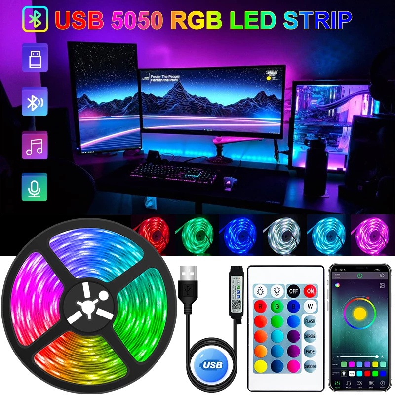 Dây Đèn Led 16 Màu RGB Dài 5M Linh Hoạt Chống Thấm Nước Kèm Remote Điều Khiển 5V Trang Trí Quán Bar TV Phòng Ngủ
