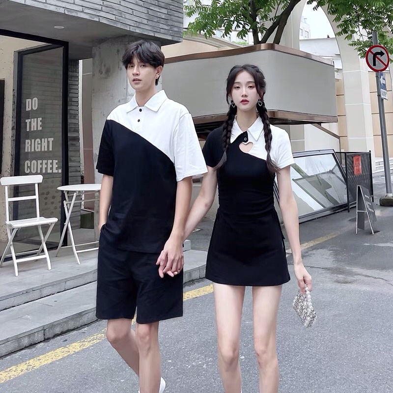 Sét đồ đôi nam và nữ váy ngắn và áo polo 2 màu đen trắng kết hợp