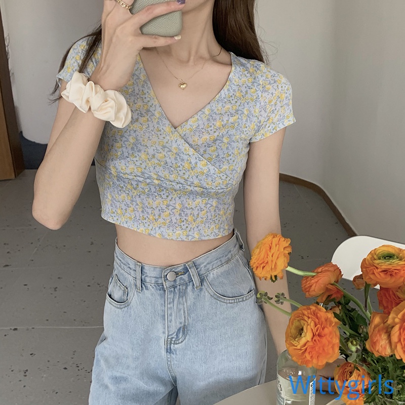 Áo Croptop Tay Ngắn Cổ Chữ V Eo Cao Phong Cách Hàn Quốc Dành Cho Nữ
