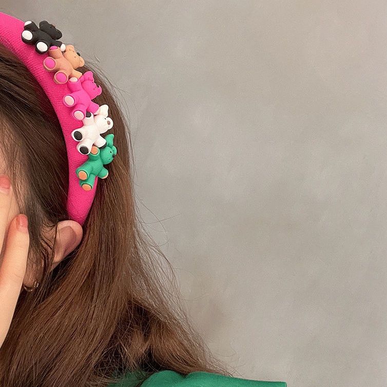 Băng Đô Cài Tóc Hình Gấu Màu Xanh Lá / Đen / Hồng Kiểu Hàn Quốc Xinh Xắn