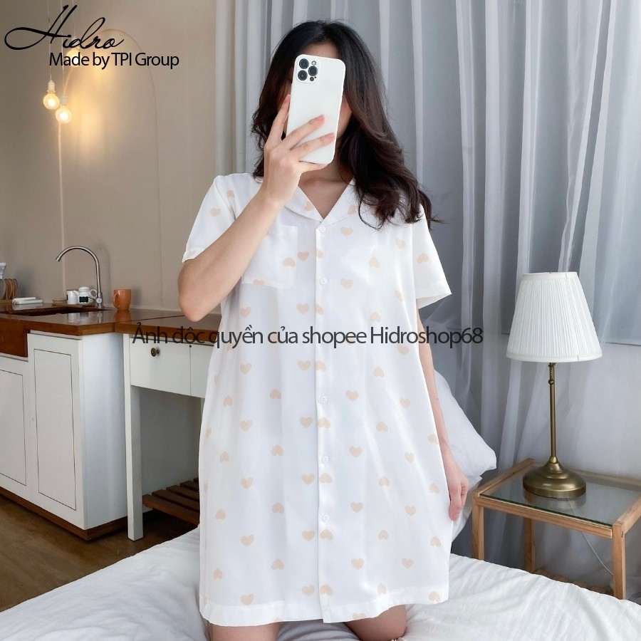 Váy Ngủ Pijama Lụa Ngắn Tay Họa Tiết Dễ Thương