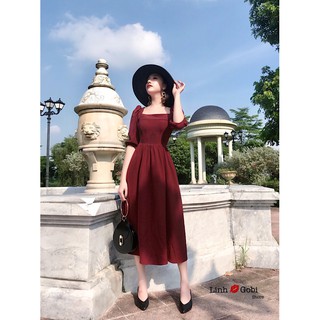 váy midi đỏ cổ vuông tay bồng