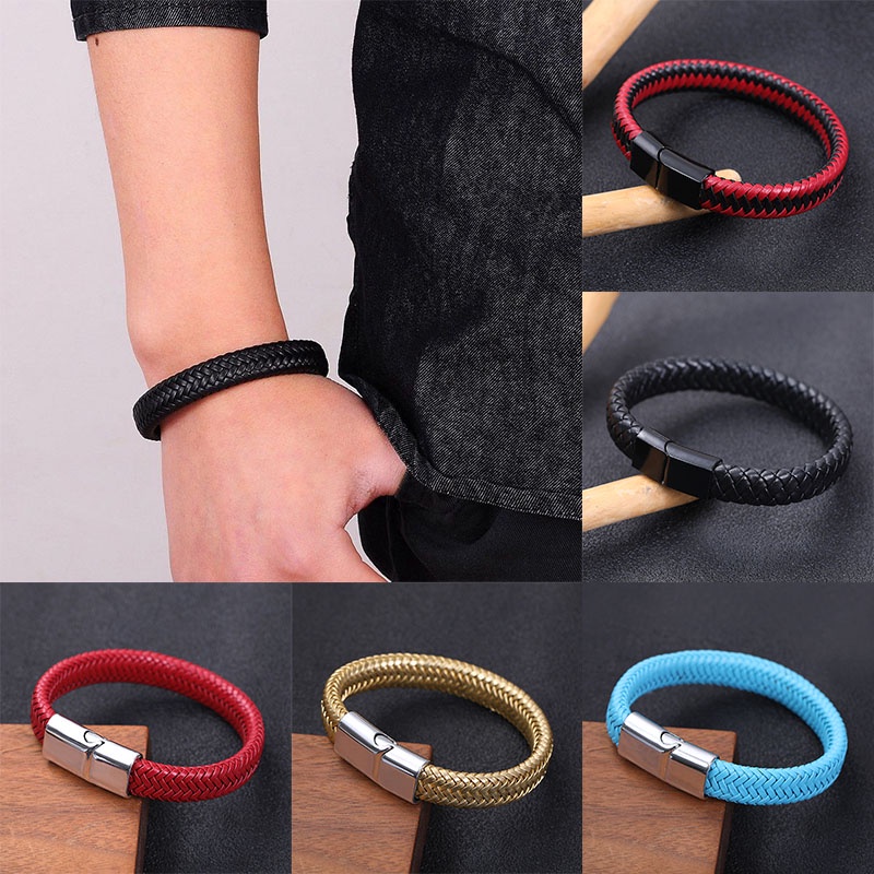 Vòng Đeo Tay Dây Da Bện Màu Đỏ/Đen Khóa Thép Không Gỉ Thời Trang Cho Nam Và Nữ
