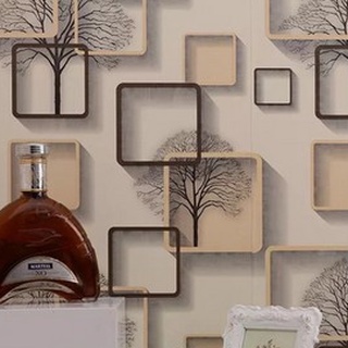Decal giấy dán tường cây khô phong cách ô vuông nâu