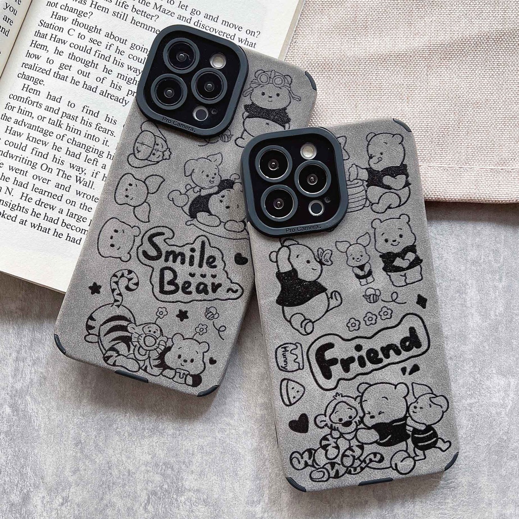 Ốp Điện Thoại Da Lộn Mềm Họa Tiết Gấu Cười Sang Trọng Cho iPhone 14ProMax 13 12Pro 11Promax