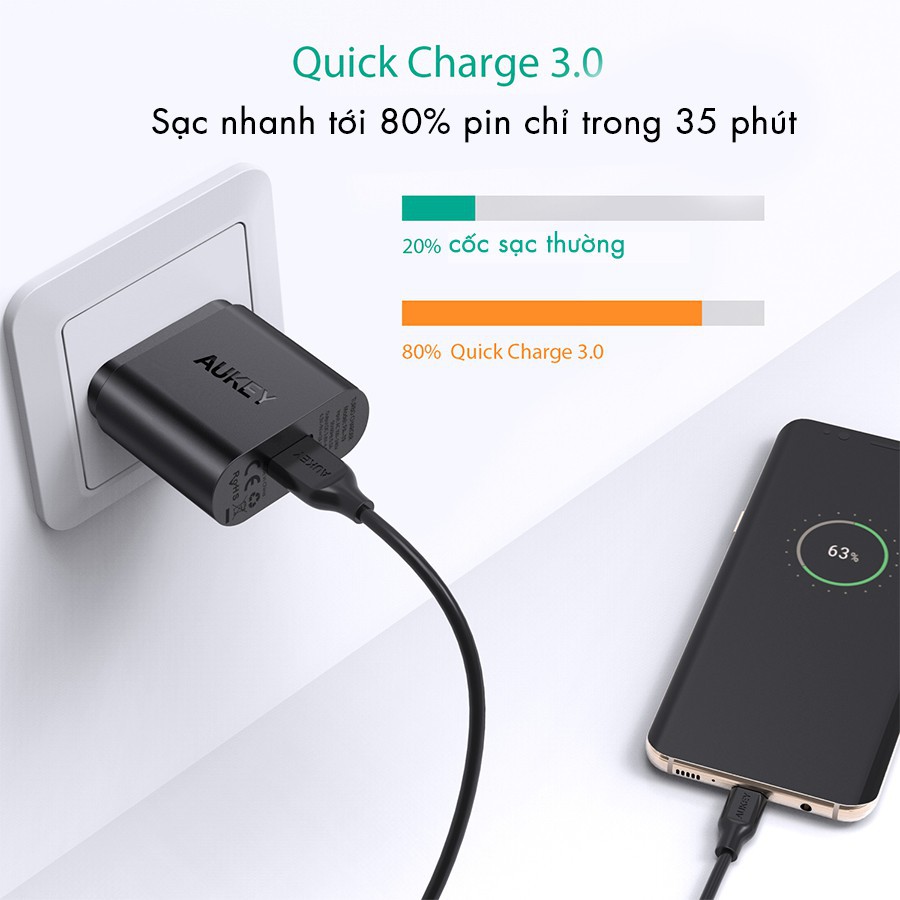 Cốc Sạc Nhanh AUKEY PA-T9, Q.C 3.0 18W Sạc Nhanh Gấp 4 Lần Sạc Thường - Bảo hành 24T