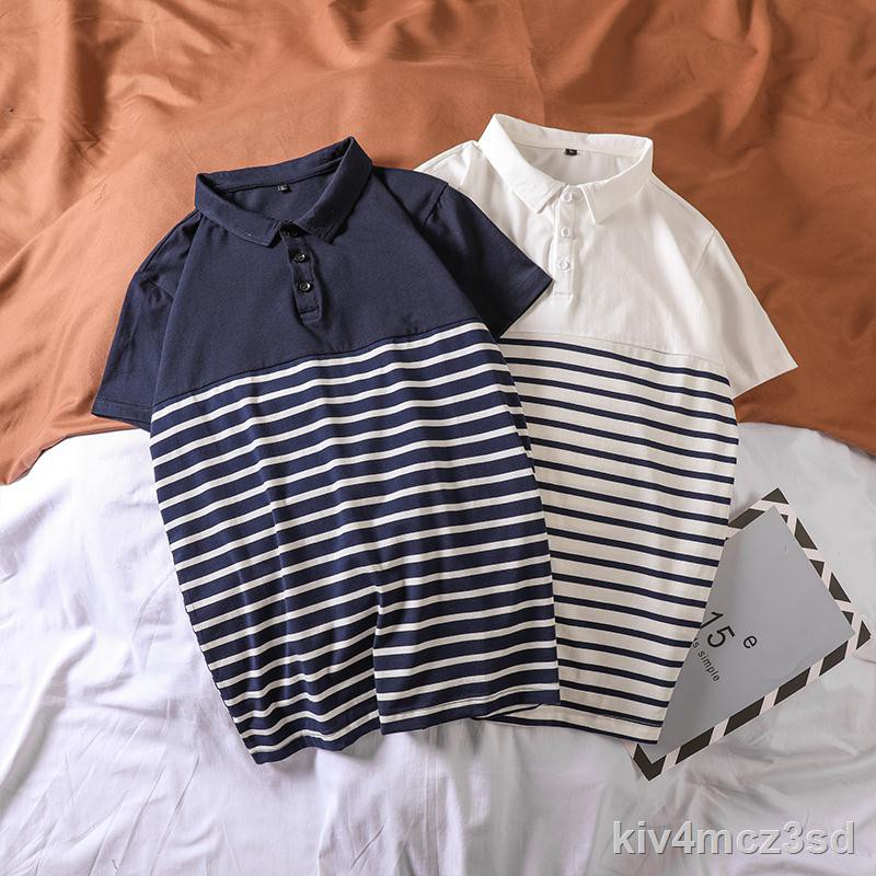 áo thun tay✜✜Áo sơ mi nam mùa hè ngắn tay thun sọc ve xu hướng Hồng Kông nửa quần Hàn Quốc thương hiệu thủy triều