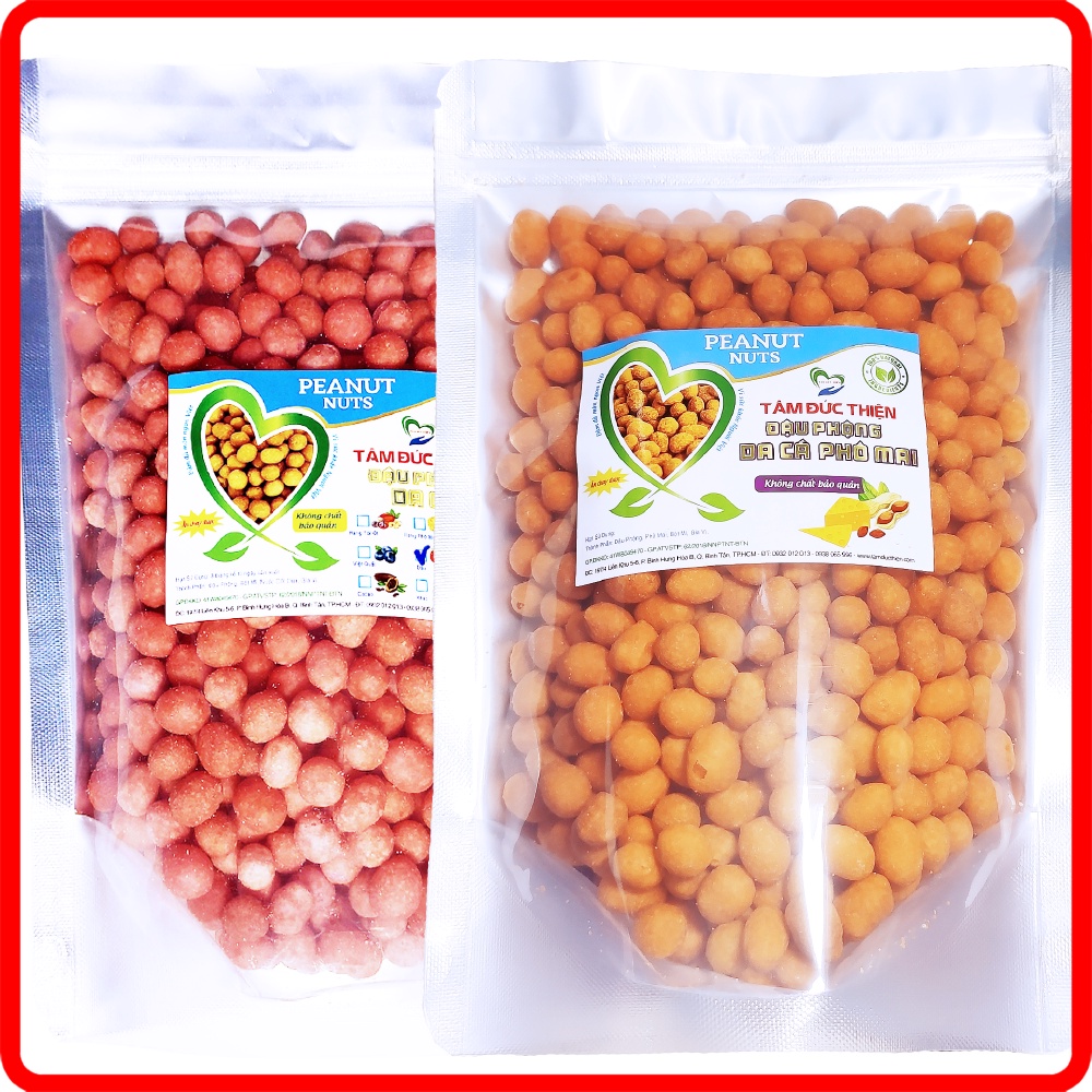 Combo 1KG Đậu Phộng Da Cá 2 Vị: Phô Mai và Dâu Tây Tâm Đức Thiện (2 x Túi 500GR)