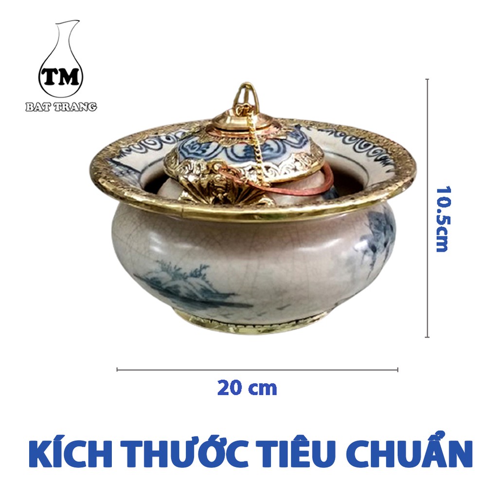 Điêu bát men rạn cổ bọc đồng vẽ phong cảnh gốm sứ Bát Tràng (dieu hut thuoc lao)