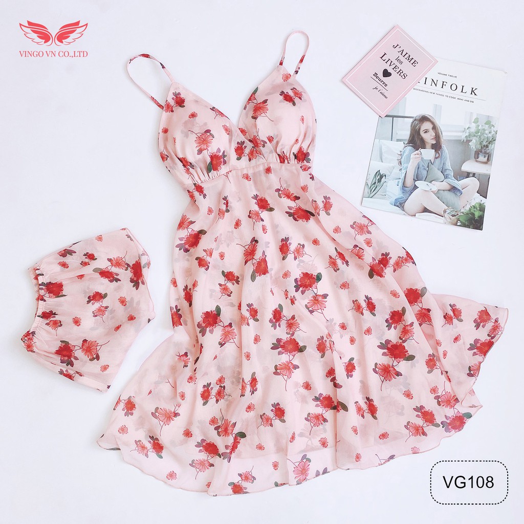 Váy ngủ hai dây nữ chất voan tơ cao cấp mềm mại họa tiết hoa cúc gợi cảm quyến rũ VG108 VNGO
