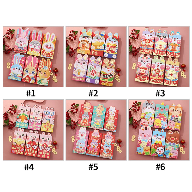 Set 6 Bao Lì Xì Đỏ Ampao 2023 CNY In Họa Tiết Thỏ Hoạt Hình