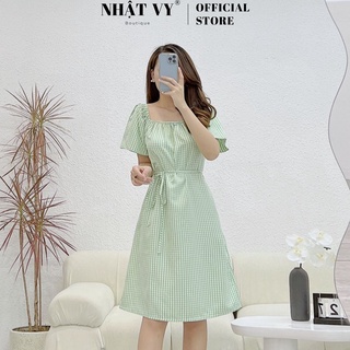 Đầm công sở Nhật Vy dáng suông cổ vuông viền bo thun chất caro lụa phù hợp đi chơi dạo phố - D2566