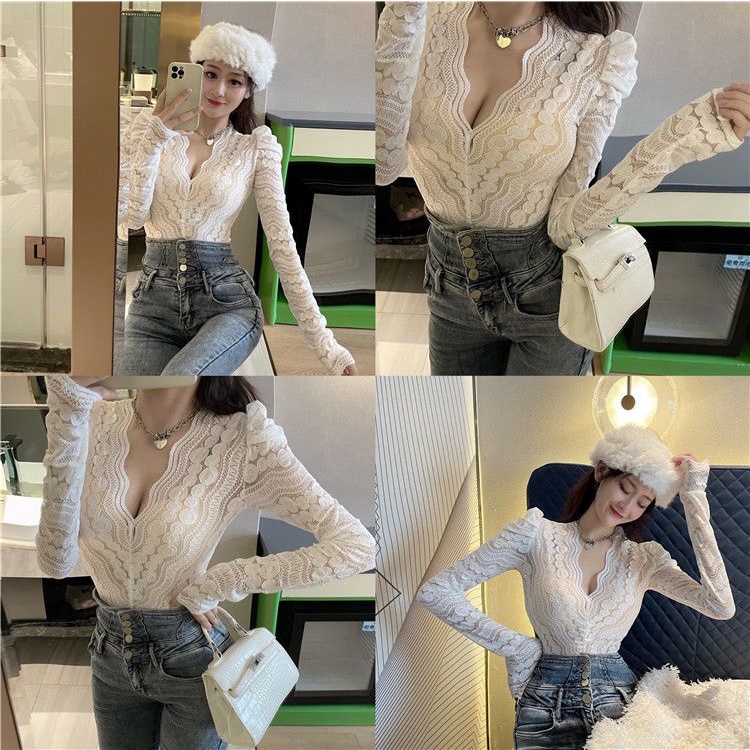 Áo Nhung Tay Dài Phồng Cổ Chữ V Thời Trang Thu Đông Mới